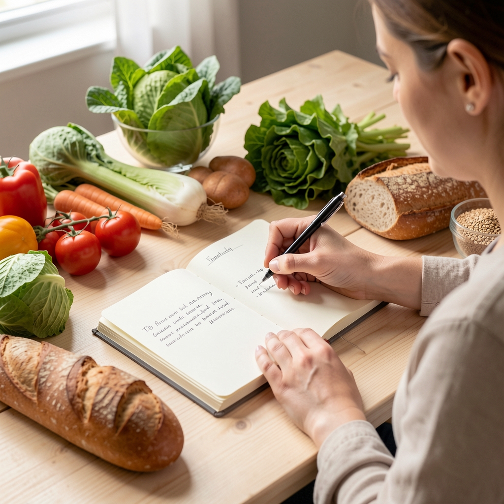 Nahaufnahme einer Ernährungsfachperson die handschriftliche Notizen in ein geöffnetes Notizbuch einträgt, umgeben von Frischgemüse und Vollkornprodukten auf einem hellen Holztisch