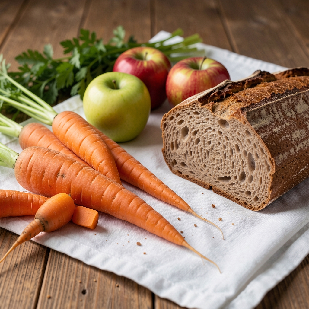 Detailaufnahme eines Holztischs mit frischen saisonalen Zutaten – Karotten, Pastinaken, Äpfel und Vollkornbrot auf einem weissen Tuch